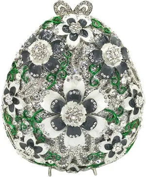 Oval Grey Floral Rhinestone Evening Bag