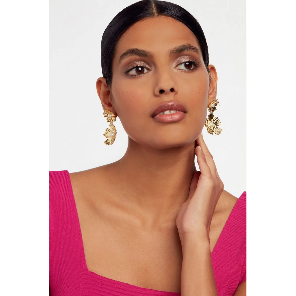 Petaria Flower Statement Drop Earrings Gold