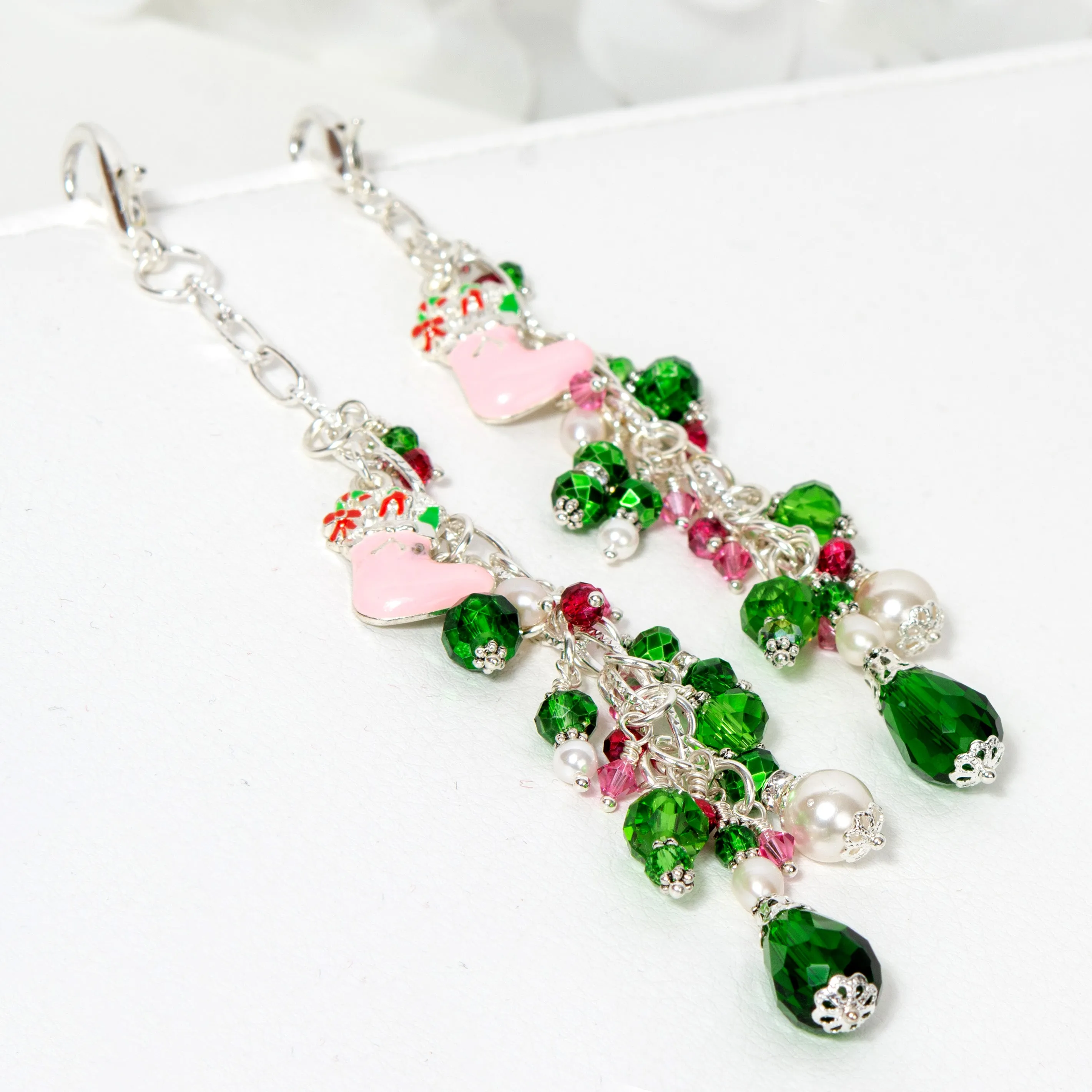 Pink Christmas Stocking Planner Charm with Green and Pink Crystals