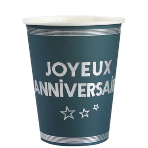 "Joyeux Anniversaire" Birthday Party Paper Cups, Blue and Silver, 9 Oz, 10 Count