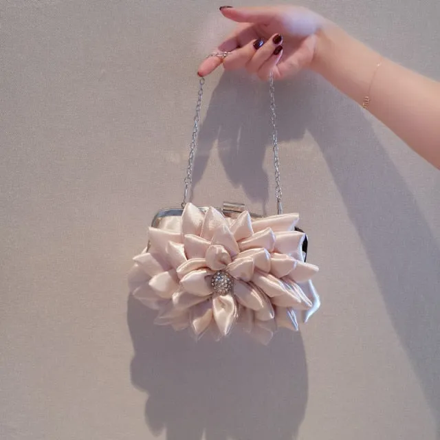 Satin Polyester Beige Flower Bridal Purse- Wedding Clutch