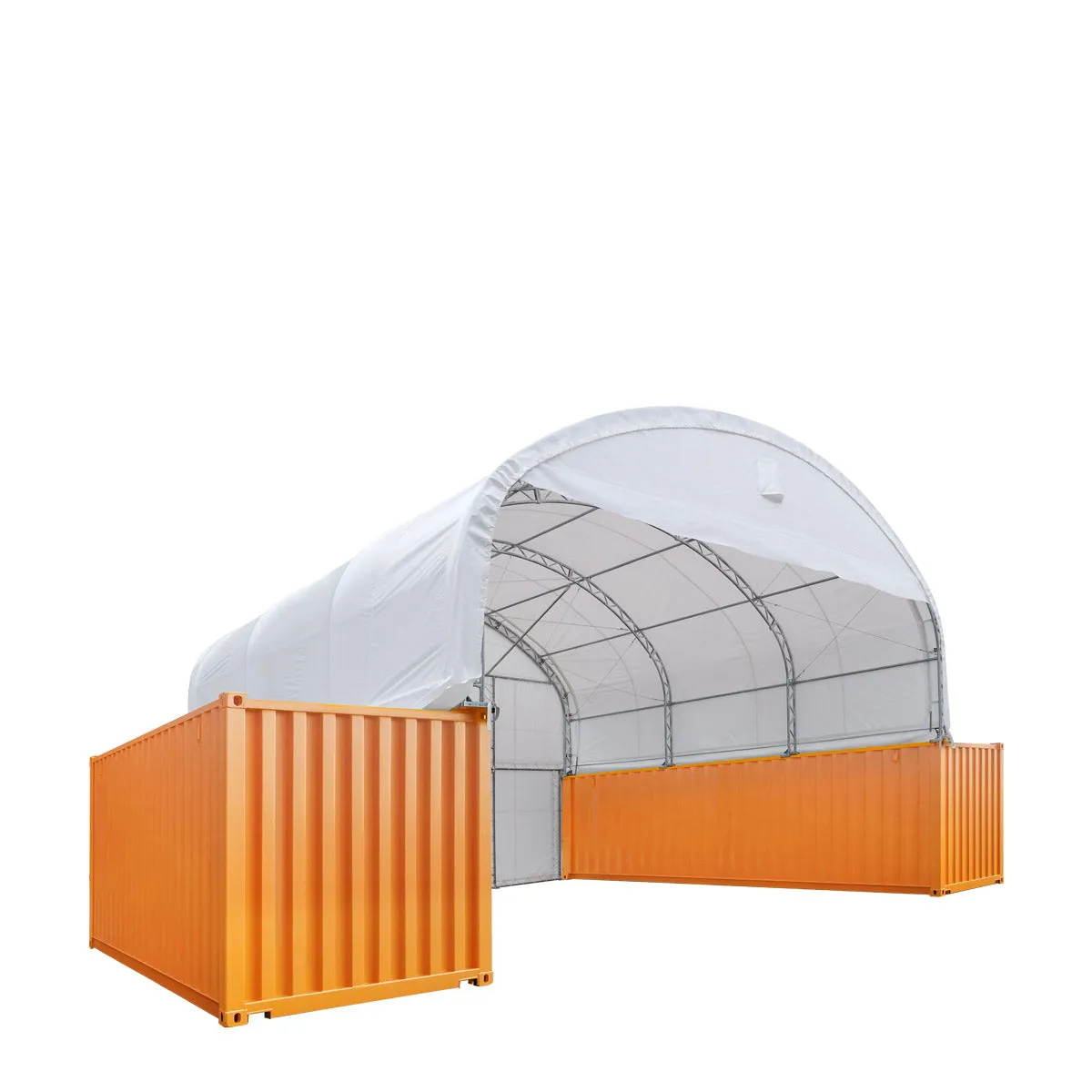 TMG Industrial 30' x 20' Dual Truss Container Shelter with Heavy Duty 17 oz PVC Cover, Enclosed End Wall & Front Drop, TMG-DT3020CF