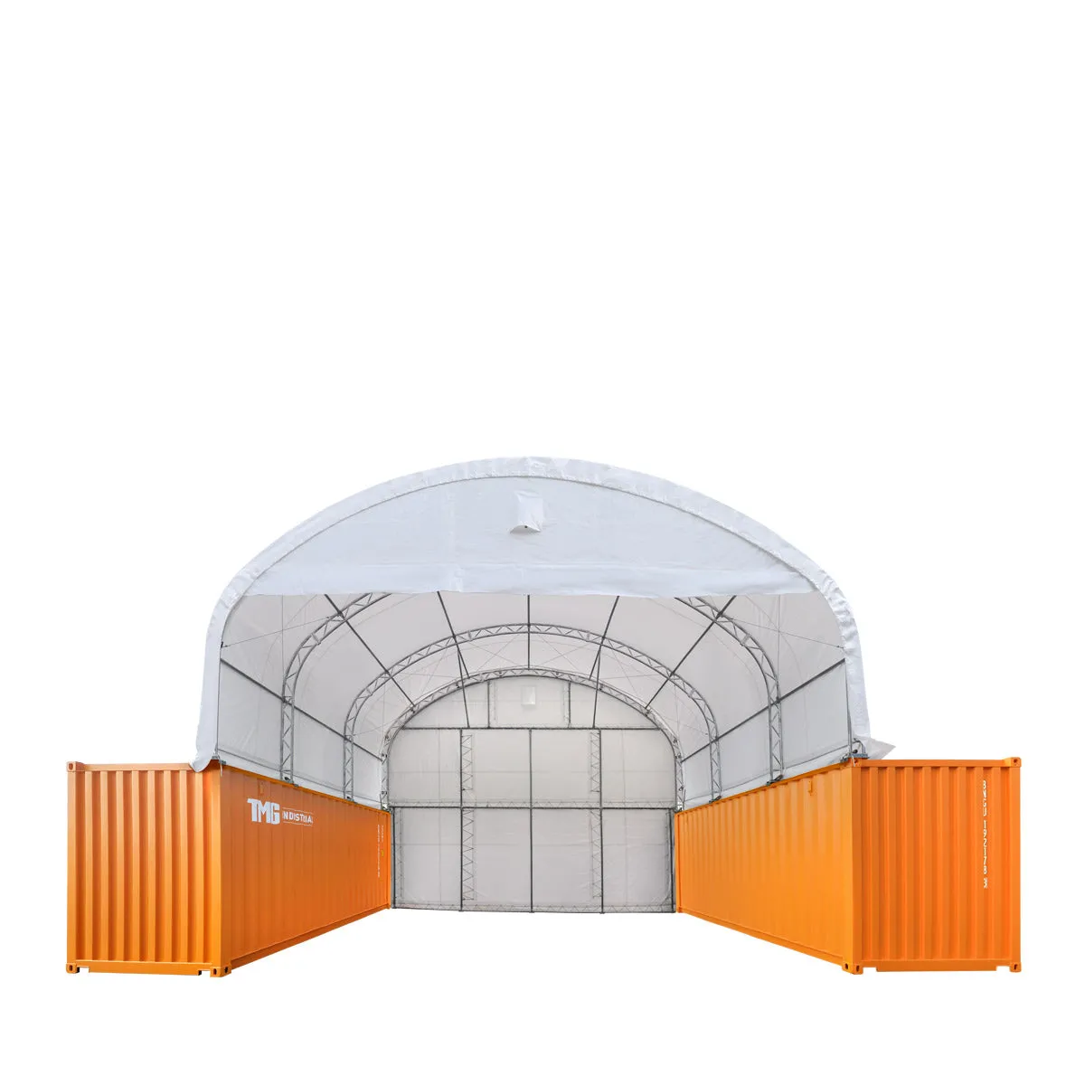 TMG Industrial 30' x 20' Dual Truss Container Shelter with Heavy Duty 17 oz PVC Cover, Enclosed End Wall & Front Drop, TMG-DT3020CF