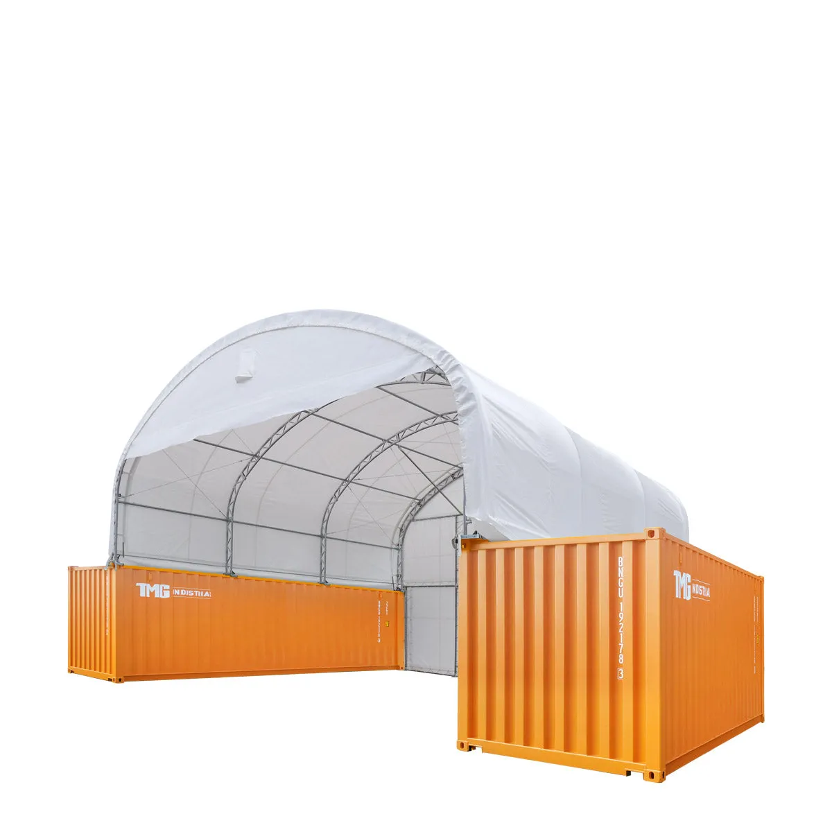 TMG Industrial 30' x 20' Dual Truss Container Shelter with Heavy Duty 17 oz PVC Cover, Enclosed End Wall & Front Drop, TMG-DT3020CF