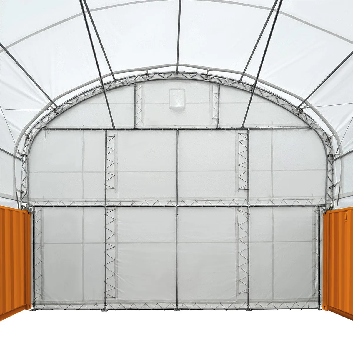 TMG Industrial 30' x 20' Dual Truss Container Shelter with Heavy Duty 17 oz PVC Cover, Enclosed End Wall & Front Drop, TMG-DT3020CF