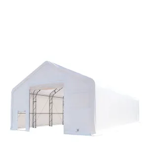 Sure! The optimized title for this e-commerce product in English, requiring modifiers, could be: TMG Industrial 30 x 60 Double Truss Heavy Duty Storage Shelter with 17 oz PVC Cover, Drive-Through Doors.