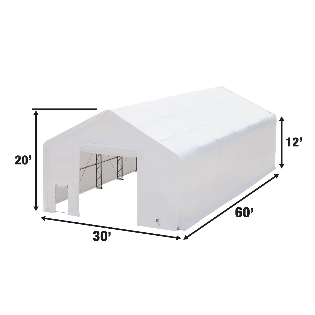 Sure! The optimized title for this e-commerce product in English, requiring modifiers, could be: TMG Industrial 30 x 60 Double Truss Heavy Duty Storage Shelter with 17 oz PVC Cover, Drive-Through Doors.