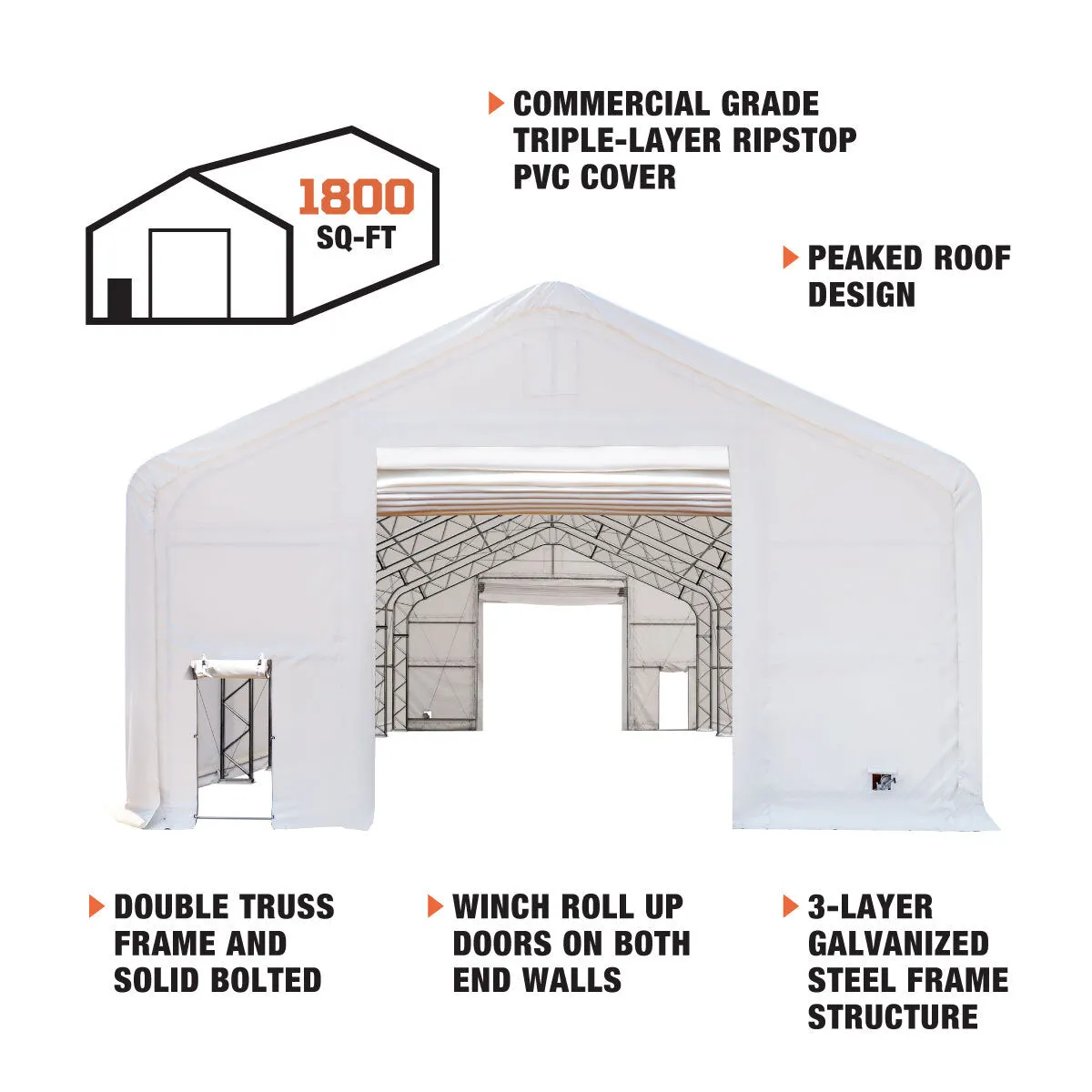 Sure! The optimized title for this e-commerce product in English, requiring modifiers, could be: TMG Industrial 30 x 60 Double Truss Heavy Duty Storage Shelter with 17 oz PVC Cover, Drive-Through Doors.