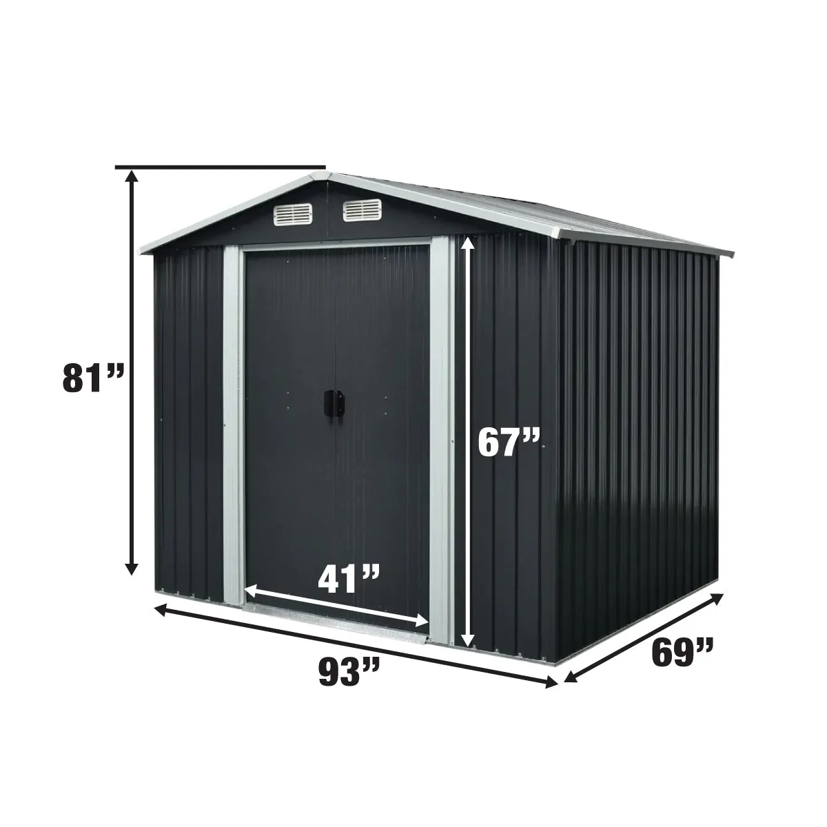 TMG Industrial 6’ x 8’ Galvanized Apex Roof Metal Shed, 29 GA Corrugated Metal, 67” Edge Height, TMG-MS0608