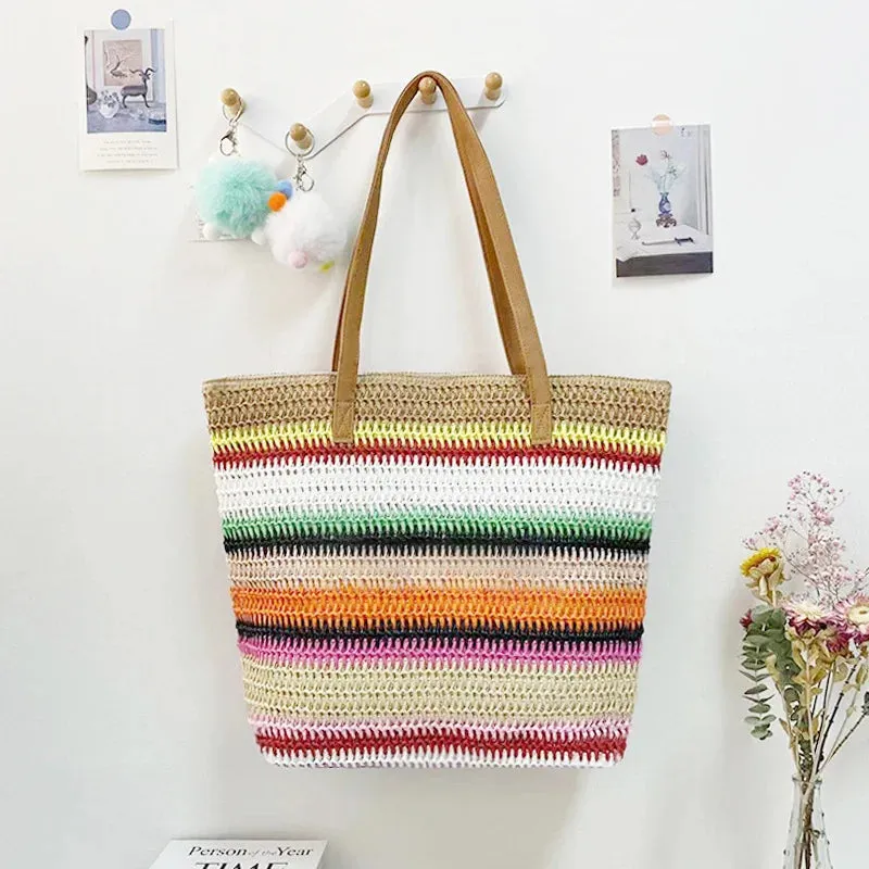 Versatile Shoulder Stripes Paper Straw Woven Bag