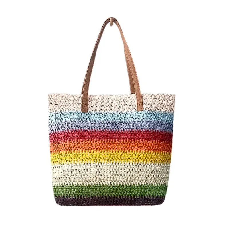 Versatile Shoulder Stripes Paper Straw Woven Bag