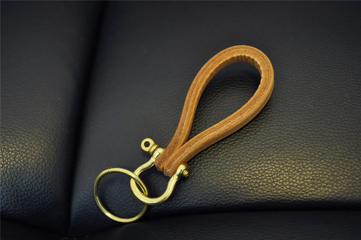 Vintage handmade head layer cowhide metal key hook horseshoe buckle brass keychain